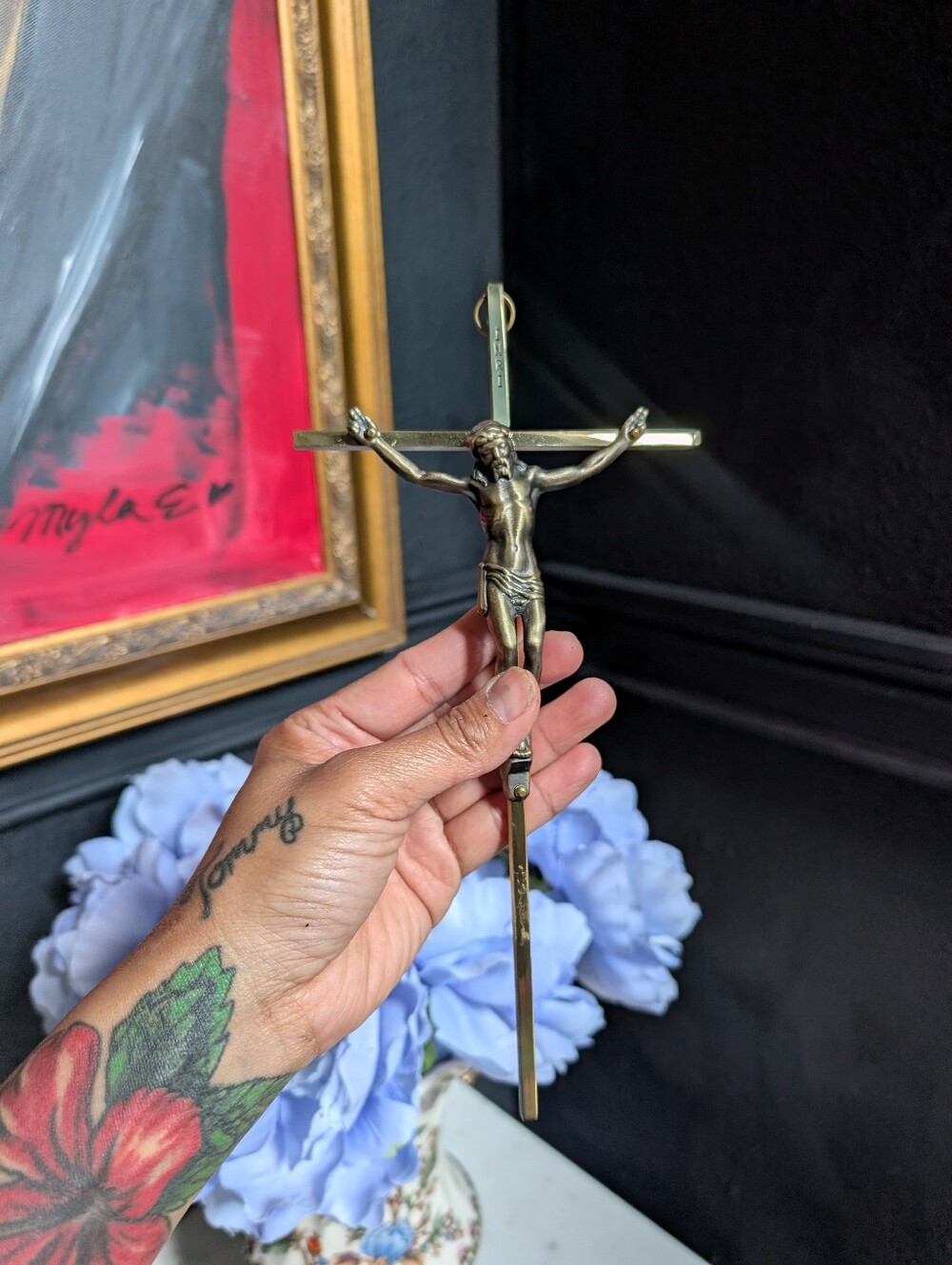 Vintage Brass Gold Metal Crucifix Cross Jesus Christ INRI Religious Wall Hanging